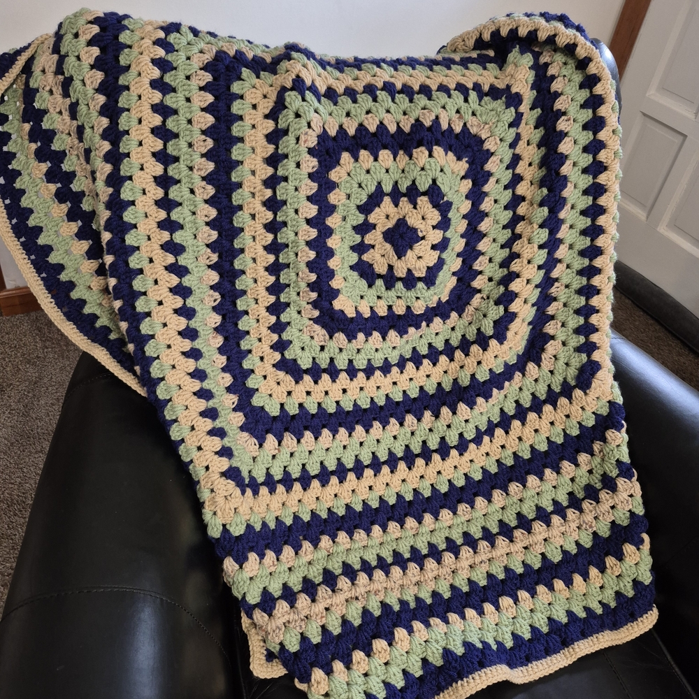 Handmade Crochet Granny Square Blanket in Navy, Sage & Beige